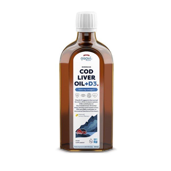Norwegian Cod Liver Oil + D3, 1000mg Omega 3 (Lemon) - 250 ml.